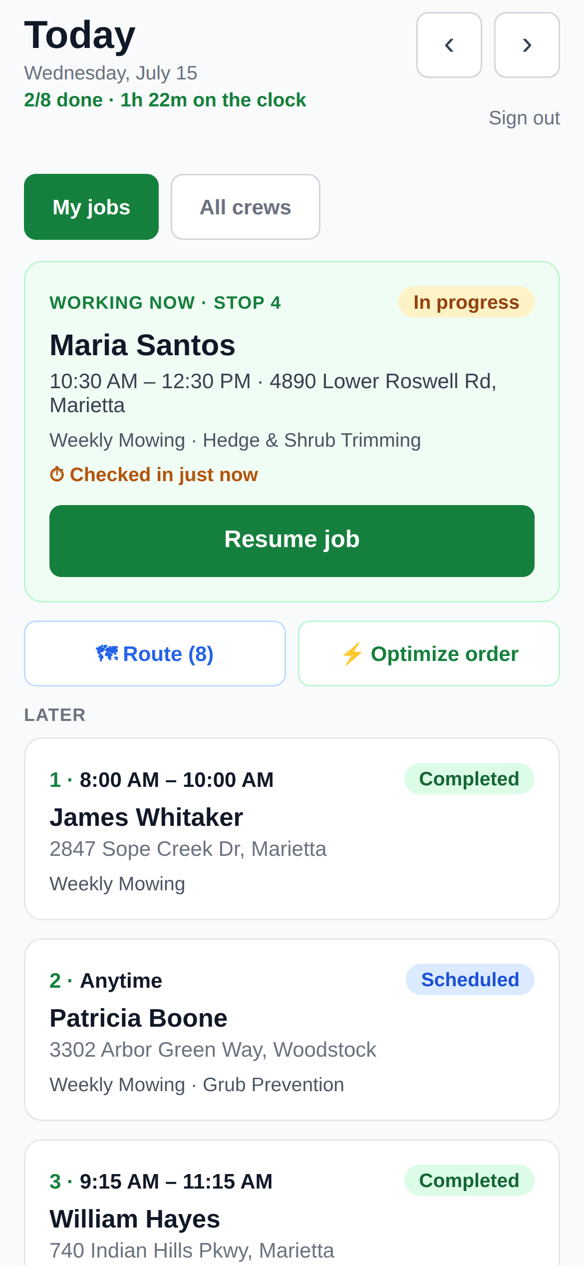 SureGrounds crew app Today screen with an active job, route controls, and numbered upcoming stops