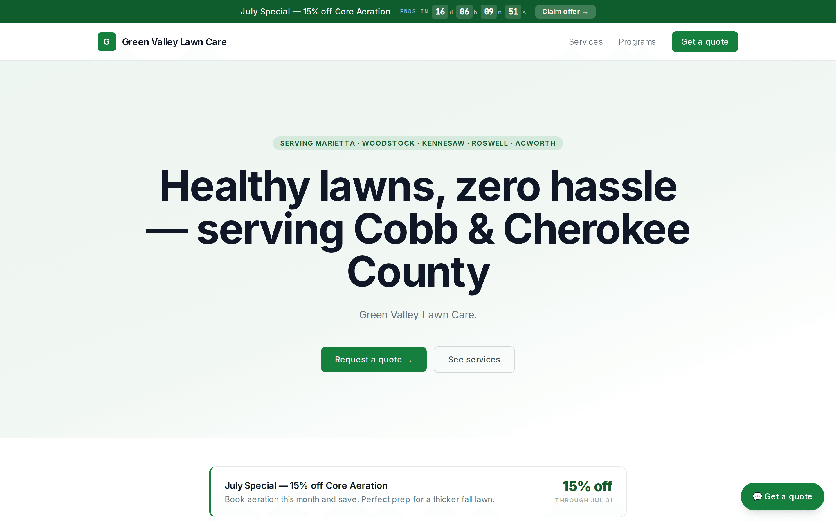 Green Valley Lawn Care hosted website with a service-area headline, July promotion, and request-a-quote buttons